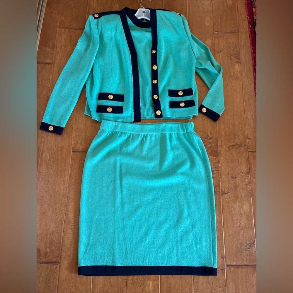 Vintage St. John Collection Santana Knit 3 Pc Suit Aqua/ Navy M